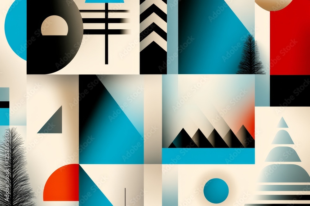 Poster geometric abstract design featuring a harmonious blend of colors and shapes with trees and mountains