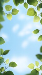 A dreamy summer frame of soft green leaves blending into a radiant blue sky kissed by natural light.