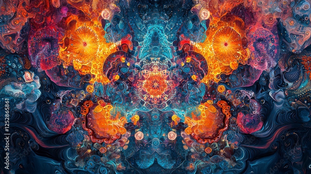 Poster vibrant abstract art with swirling colors and intricate patterns representing cosmic energy and crea