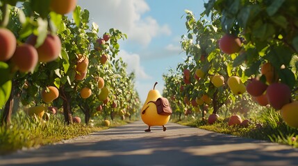 89. "An animated pear character with a backpack, walking on a road lined with fruit trees