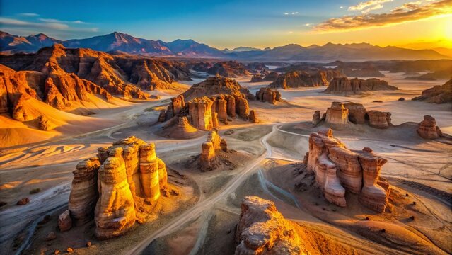 Aerial View of Timna Park's Solomons Pillars, Dramatic Desert Landscape, Sunrise