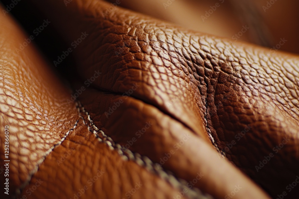 Poster close-up of leather material with visible stitching and grain pattern.