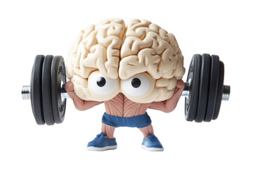 Isolated Cartoon Brain Lifting Weights with Dumbbells