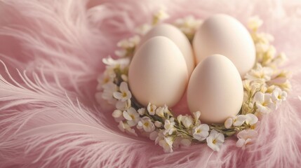 Eggs with pink and white decoration in a basket on a fluffy pink surface.