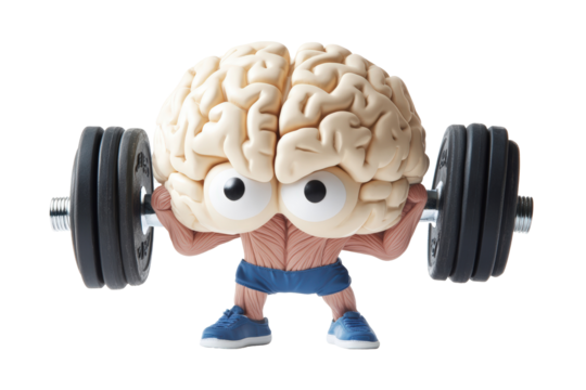 Isolated Cartoon Brain Lifting Weights with Dumbbells
