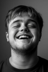 Portrait of young bearded man smiling wide with eyes closed, enjoying moment of joy and laughter.
