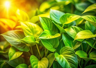 Obraz premium Aerial View of Vibrant Young Golden Pothos Leaves with Soft Green Bokeh Background