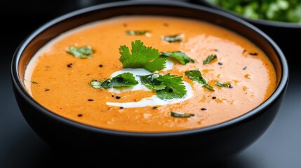 Creamy tomato soup, cilantro garnish, dark bowl, black background, food photography