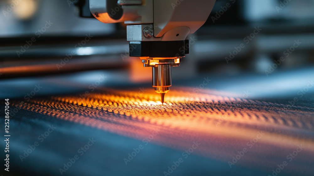 Poster macro shot of a dtf printer applying bright, detailed patterns on a soft fabric sheet, highlighting 