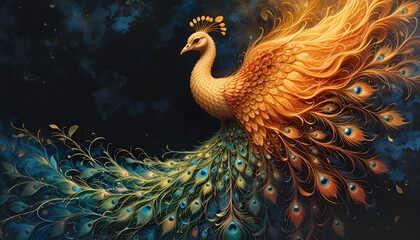 Ai generative of painting a legendary phoenix that blends beautifully with a graceful peacock 