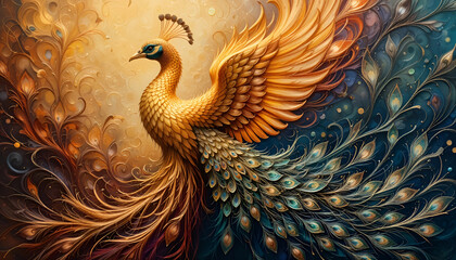 Ai generative of painting a legendary phoenix that blends beautifully with a graceful peacock 