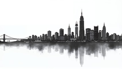 Obraz premium A striking black and white illustration of a city skyline, featuring iconic skyscrapers and a bridge. The reflection in the water adds depth and symmetry, creating a visually captivating urban scene.