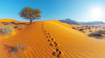 Footprints leading to lone tree on sand dune in sunny desert landscape