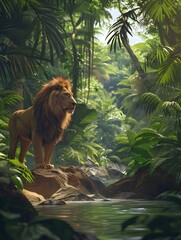 Obraz premium Tropic Lush Exotic Jungle Big Cat Lion in the green rainforest