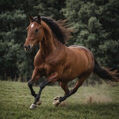 Fototapeta premium A brown horse galloping in mid-motion.