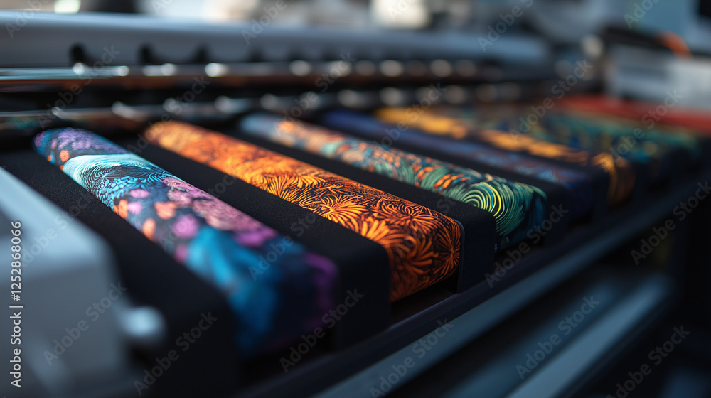 Poster zoom-in on a dtf printer's heat press stage, where freshly printed fabric showcases a stunning array
