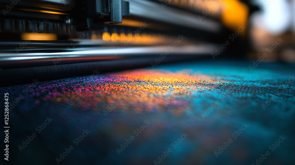 Poster close-up of a textile emerging from a dtf printer, displaying intricate patterns with ultra-fine det