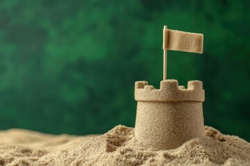 Small sandcastle with flag on sand with green backdrop