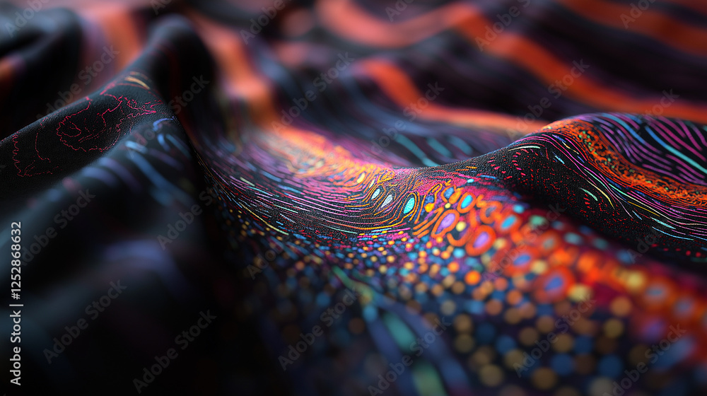 Poster close-up of a textile emerging from a dtf printer, displaying intricate patterns with ultra-fine det
