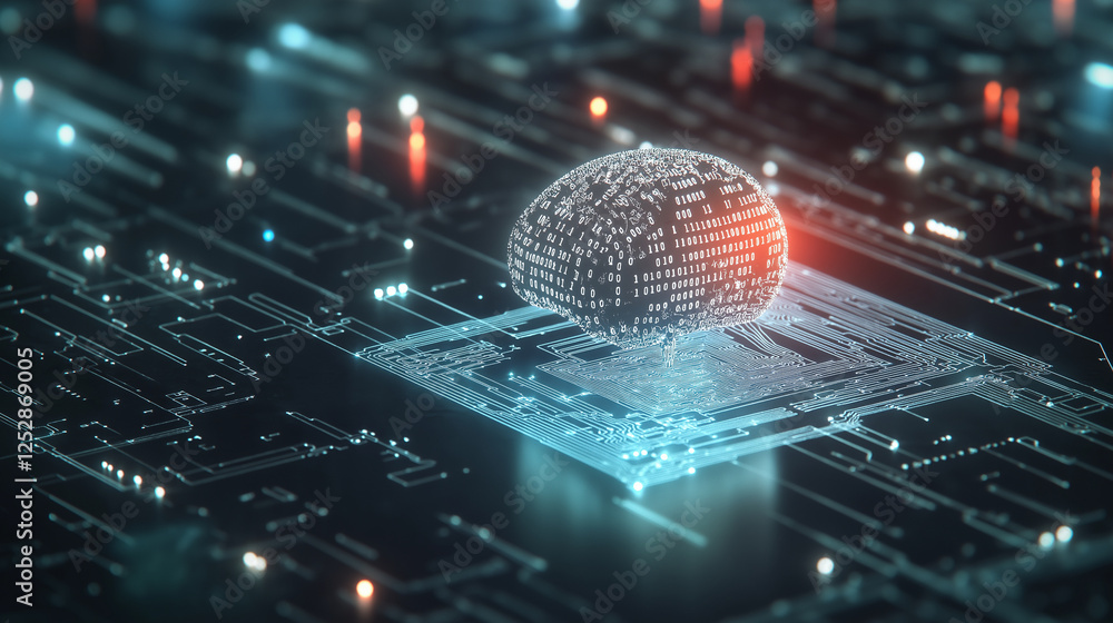 Aufkleber a high-tech circuit board merging with a luminous human brain, with electric impulses and binary cod