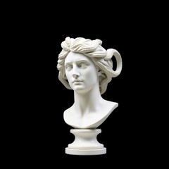 Obraz premium Elegant white marble bust of a woman with intricate hair design on a dark background