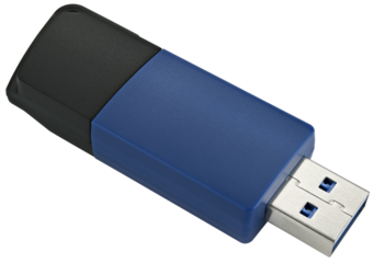 Black and blue usb flash drive isolated on a transparent background. Completely in focus. Focus stacking.