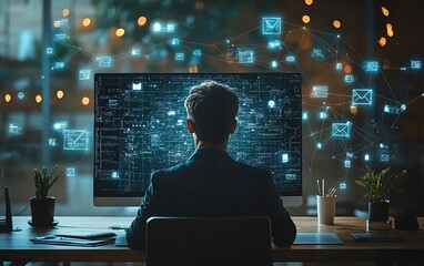 Fototapeta premium A businessman looking at email notifications on a desktop computer, office background with digital business icons and communication tools, modern tech ambiance, hyperrealistic