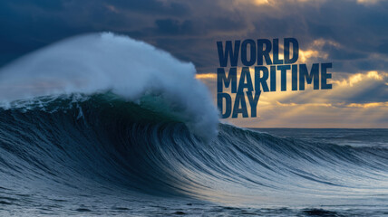 A huge wave crashes against the rocky coastline. The wave is a seething mixture of dark blue, green and purple colors. The sky is covered with dark, ominous clouds and the inscription "World Sea Day".