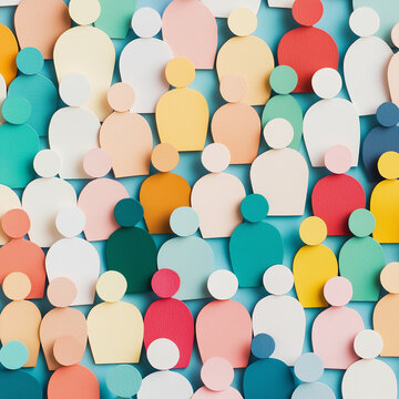 Colorful figures symbolize a diverse population, representing demographic trends, cultural diversity, and migration patterns. Ideal for sociology, integration, and community studies.