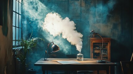 Vintage workspace with smoke effect