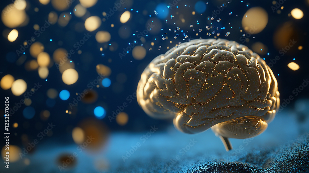 Poster a dynamic composition of a human brain being enhanced by ai microchips, with blue and gold data part