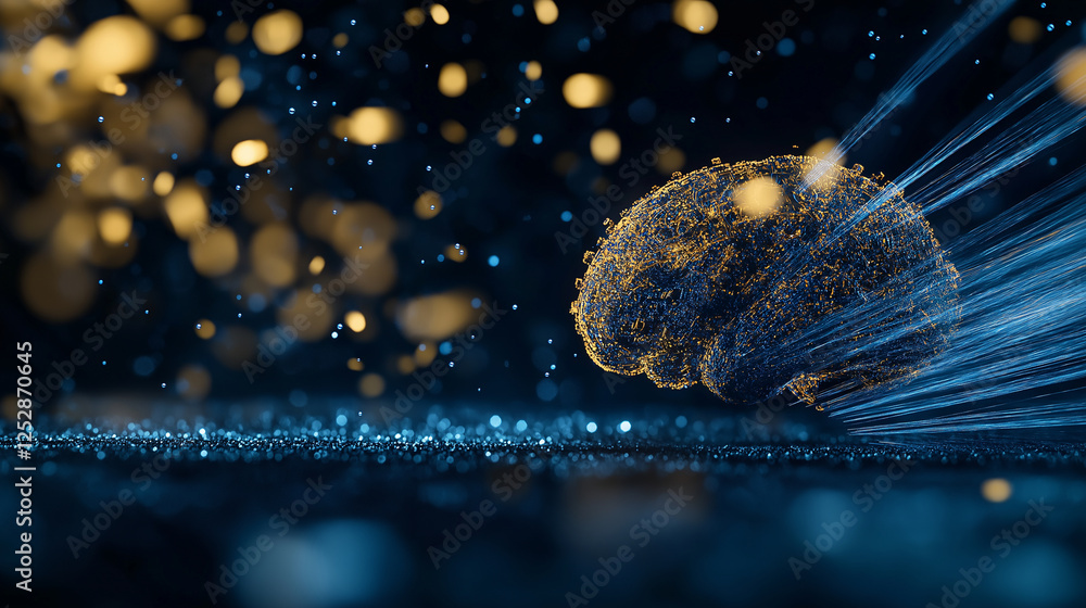 Poster a dynamic composition of a human brain being enhanced by ai microchips, with blue and gold data part