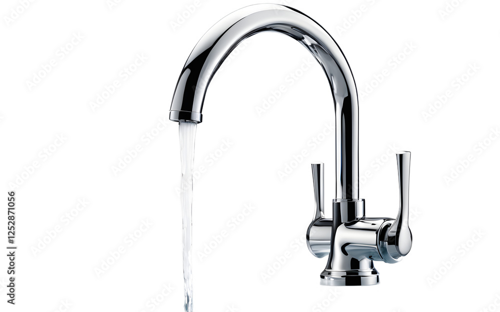 Poster a modern metal faucet with a drop flowing on a empty plain background