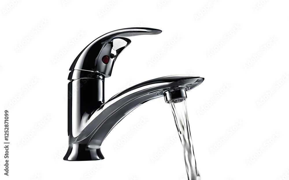Poster a modern metal faucet with a drop flowing on a empty plain background
