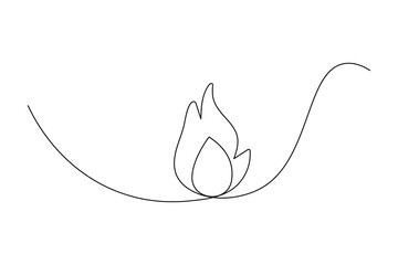 Fire one line drawing of minimalist vector icon with black and white background
