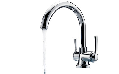 A modern metal faucet with a drop flowing on a empty plain background