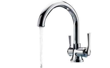 A modern metal faucet with a drop flowing on a empty plain background
