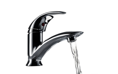 A modern metal faucet with a drop flowing on a empty plain background