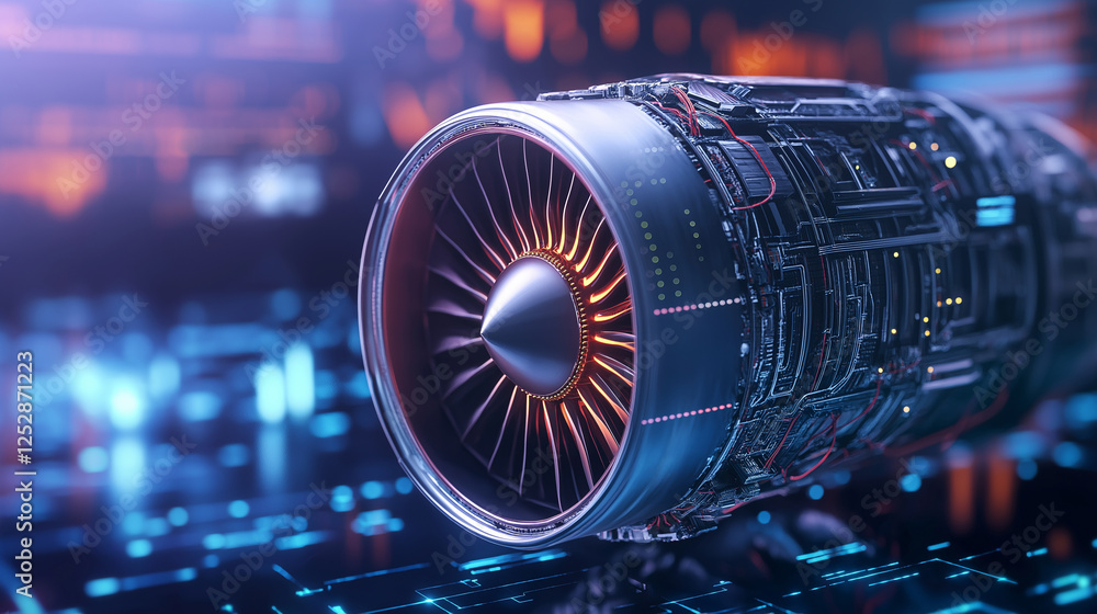 Aufkleber a powerful aircraft jet engine with an advanced ai-driven diagnostic interface, showcasing real-time