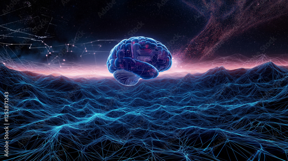 Aufkleber a surreal depiction of a human brain floating above a vast digital landscape, connected to an advanc