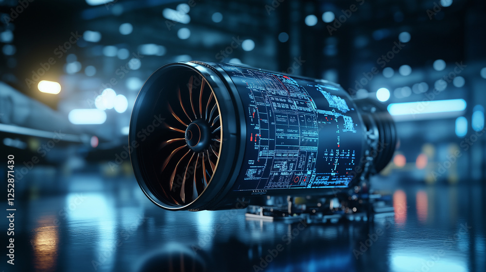 Poster a sleek modern jet engine in a high-tech hangar, with a floating holographic interface displaying en