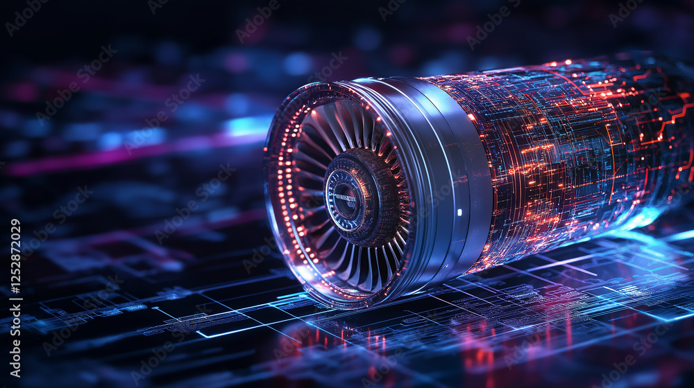 Aufkleber an ultra-modern jet engine with glowing smart sensors and a real-time monitoring system, symbolizing