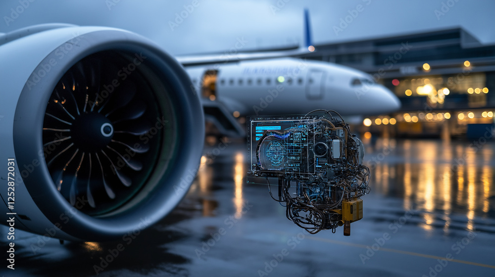 Poster a commercial airlinerâs jet engine with a transparent digital interface, showing airflow simulatio