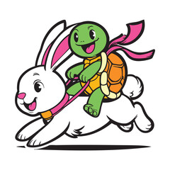 Cheerful Turtle Riding a Happy Rabbit Vector