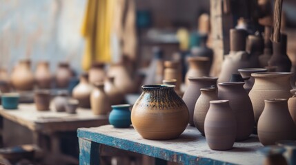 Fototapeta premium Pottery workshop with handcrafted ceramics