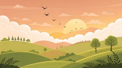 Fototapeta premium Serene Landscape with Rolling Hills and Sunset Over Clouds