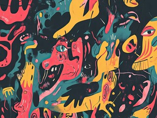 Abstract colorful painting; swirling shapes, faces.