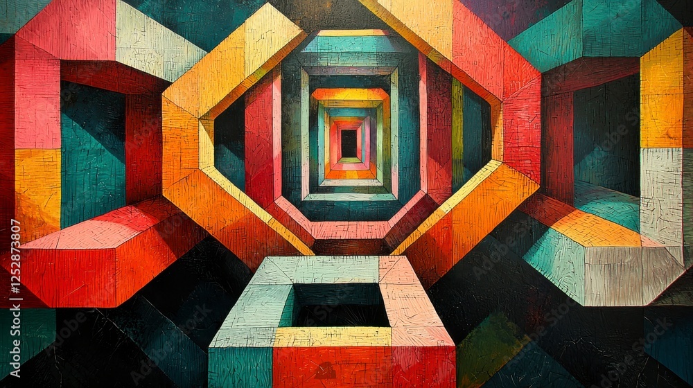 Poster abstract geometric art with multicolored shapes and depth perspective in vivid hues