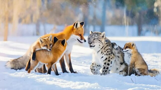 Fox family and snow leopard together in winter, a sweet story of animal kinship