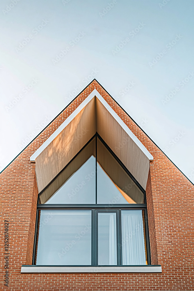 Aufkleber Close-up view of a brick house with a modern triangular design, featuring a large glass window, symbolizing contemporary architecture and design innovation.